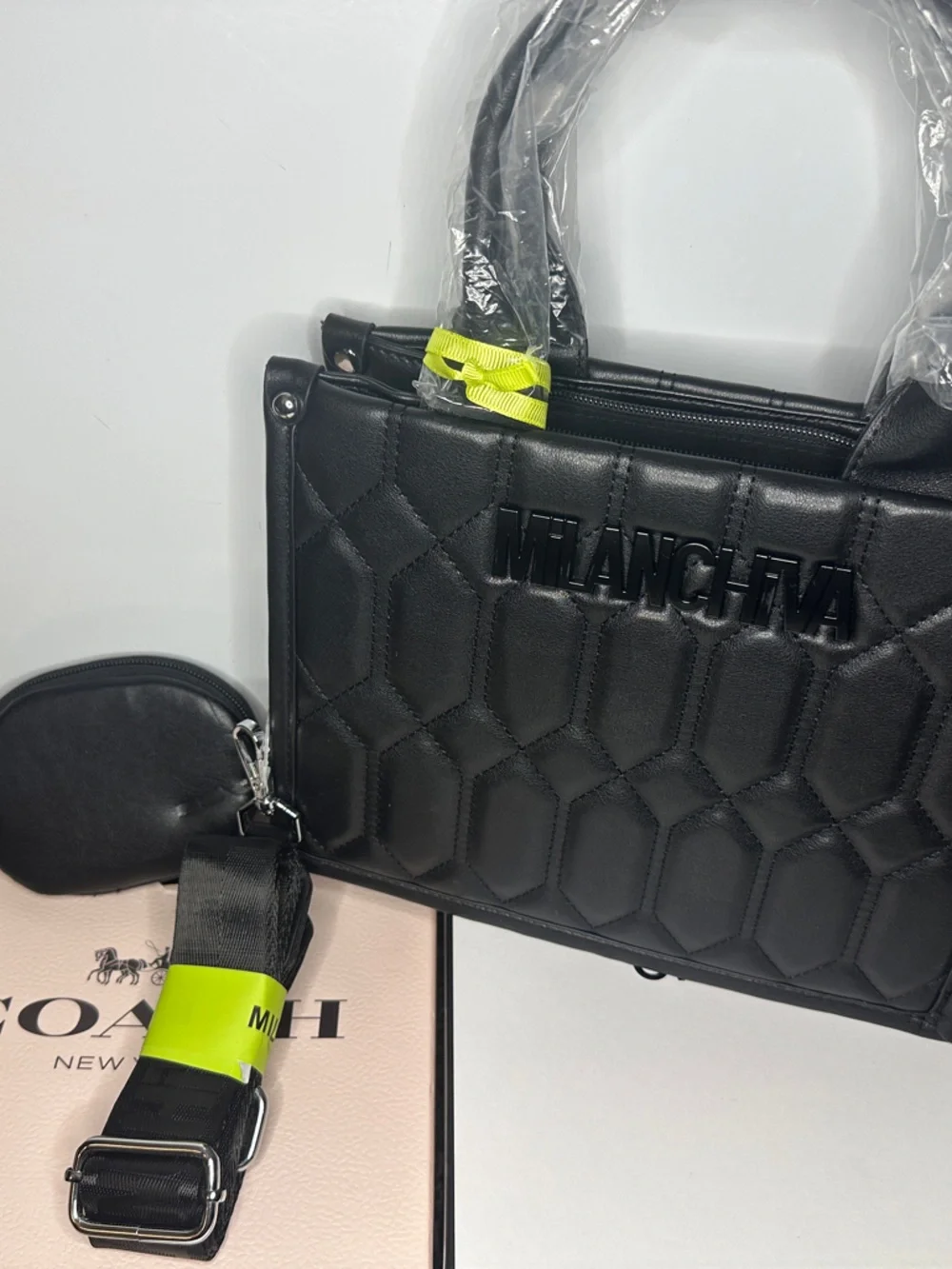 Coach Black Quilted Leather Key & Card Holder with Neon Yellow Accent Strap
